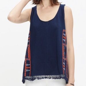 Madewell XS Boho Navy Tank with Fringe and Embroidered Details